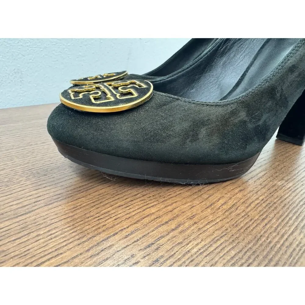 TORY BURCH SUEDE MADALLION HEEL 1/2 PLATFORM SIZE 10M (SH300THRIFTY
